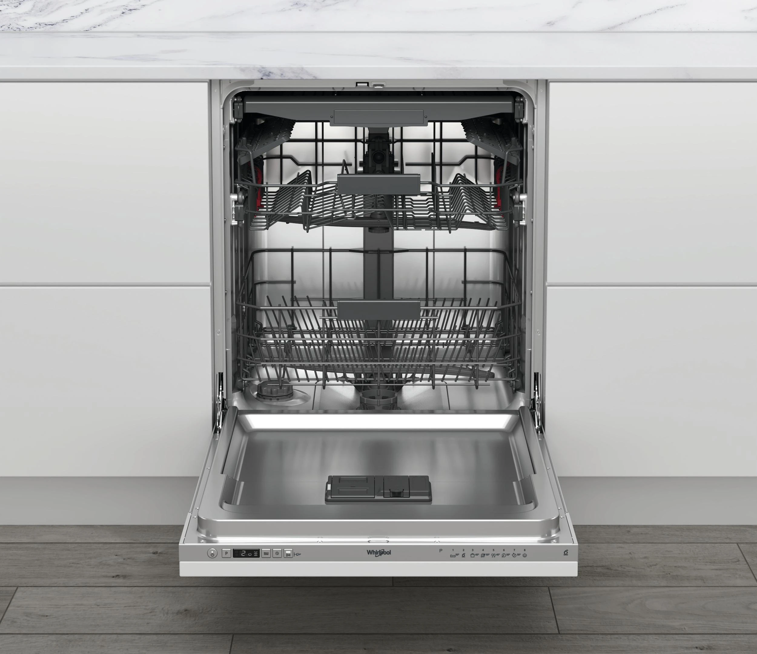 Įmontuojama indaplovė WHIRLPOOL WIC 3C26 F, Energijos klasė E (sena A++) 60 cm, Trečias krepšelis, 8 programos