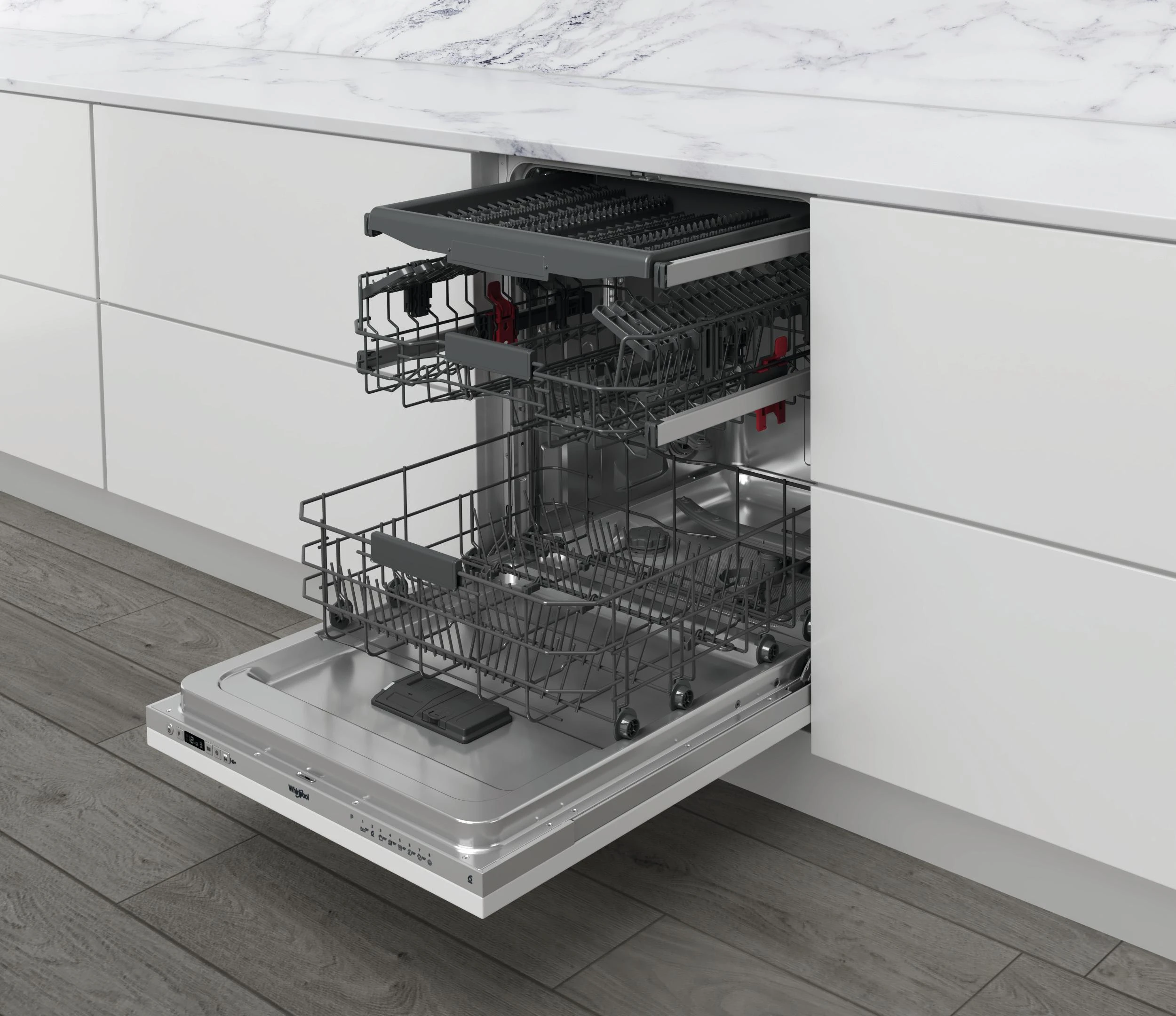 Įmontuojama indaplovė WHIRLPOOL WIC 3C26 F, Energijos klasė E (sena A++) 60 cm, Trečias krepšelis, 8 programos
