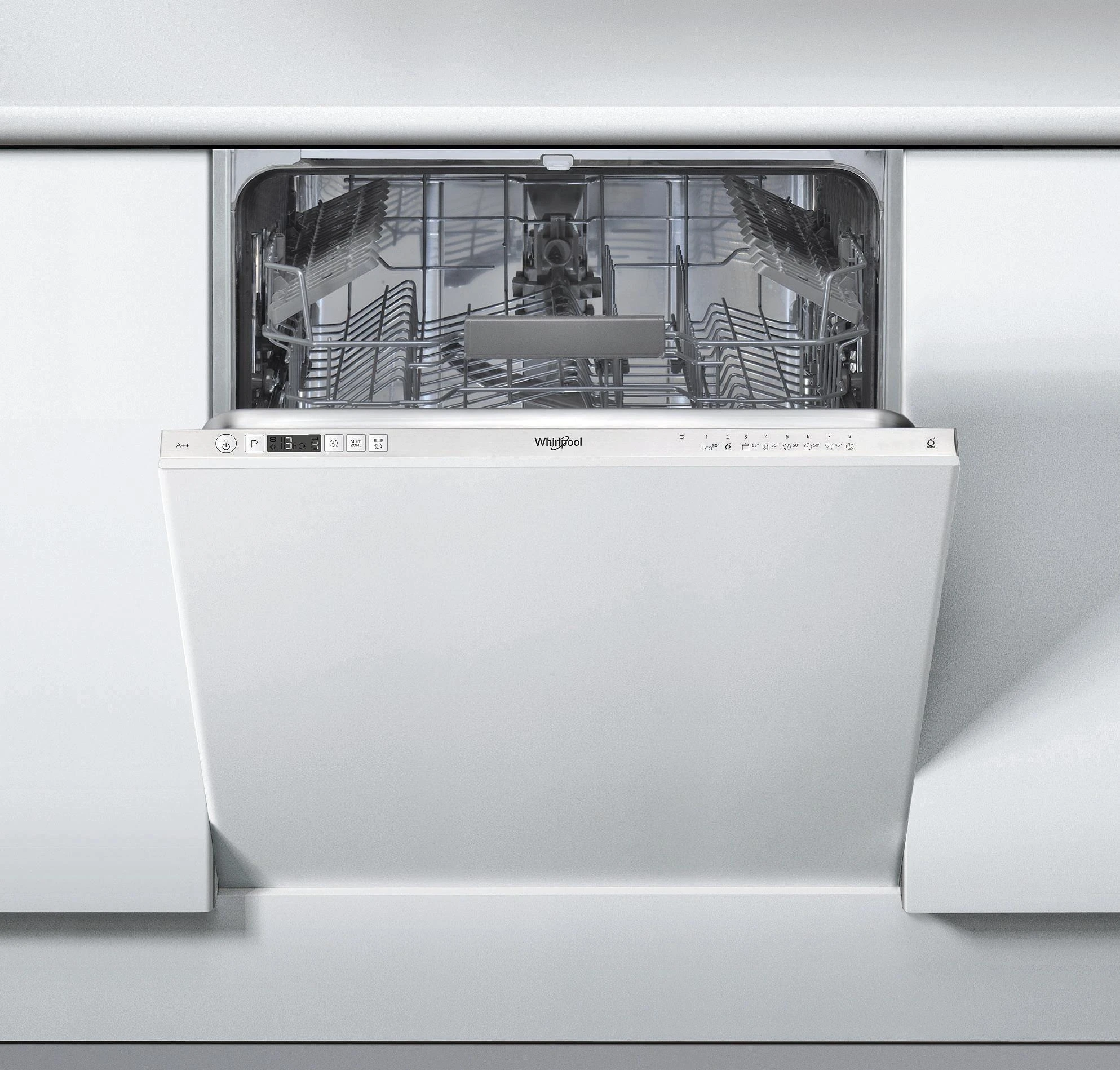 Įmontuojama indaplovė WHIRLPOOL WIC 3C26 F, Energijos klasė E (sena A++) 60 cm, Trečias krepšelis, 8 programos