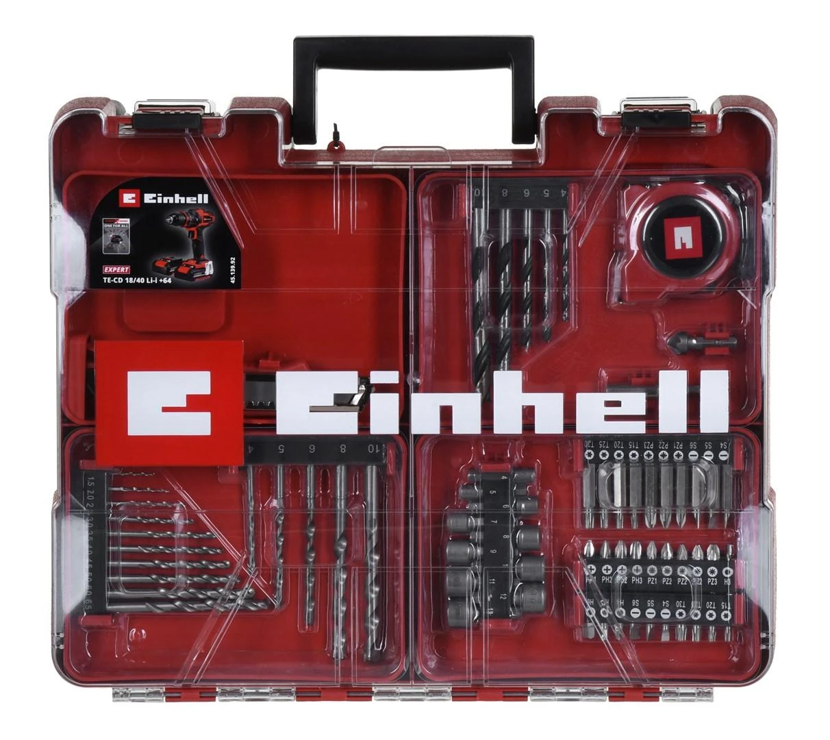 Einhell smūginis suktuvas gręžtuvas TE-CD 18/40 Li-i + 64 priedai (2×2,0Ah) 4513992
