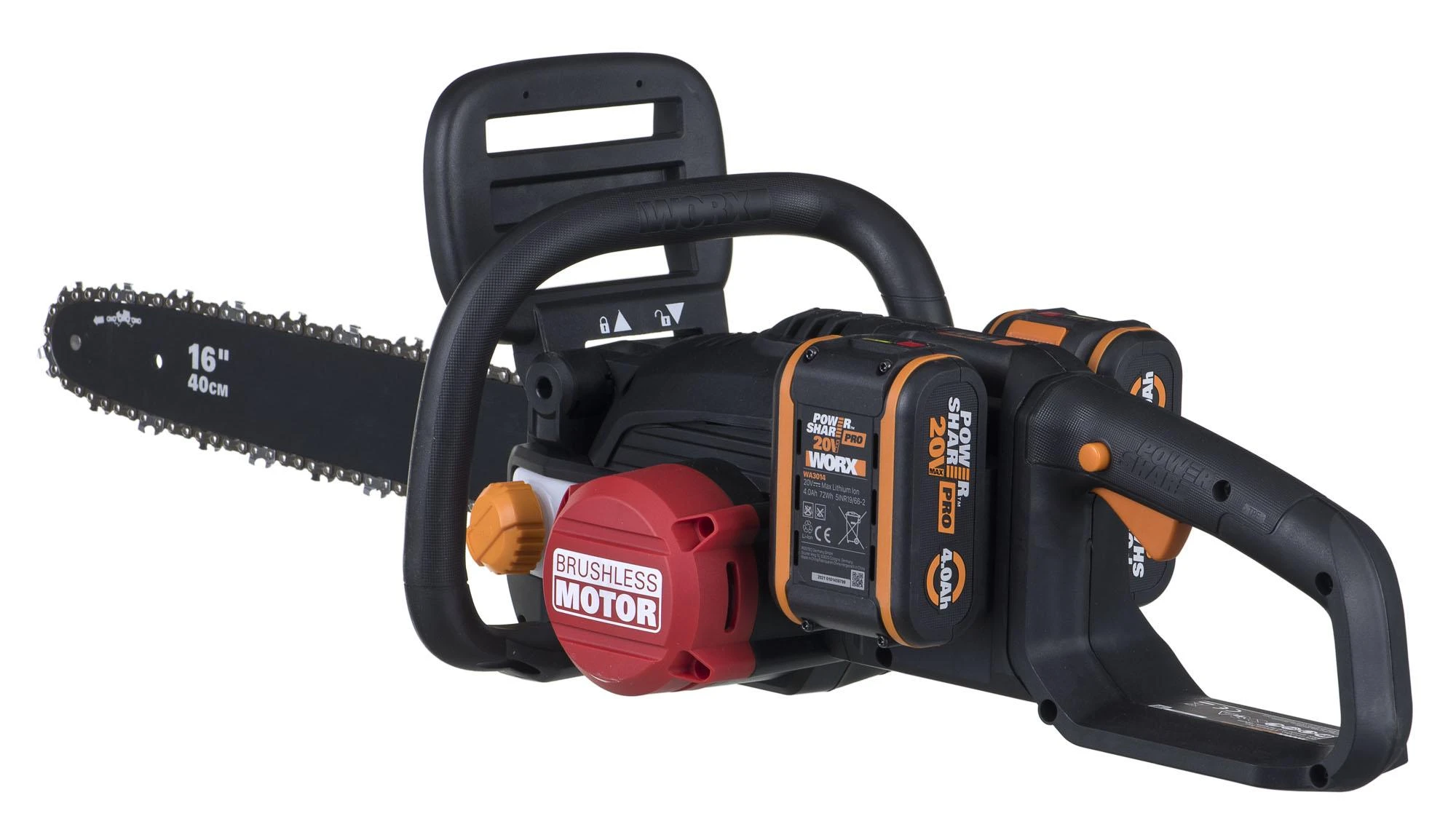 Grandininis pjūklas Worx WG385E; 2x20 V; 2x4,0 Ah; 40 cm juosta