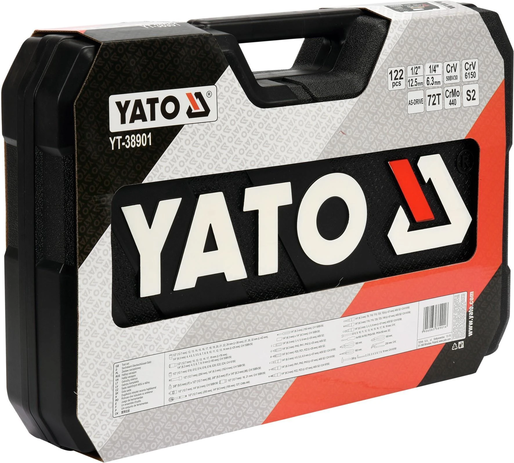 YATO rankinių įrankių rinkinys YT-38901, 1/4" 1/2", 122 vnt.