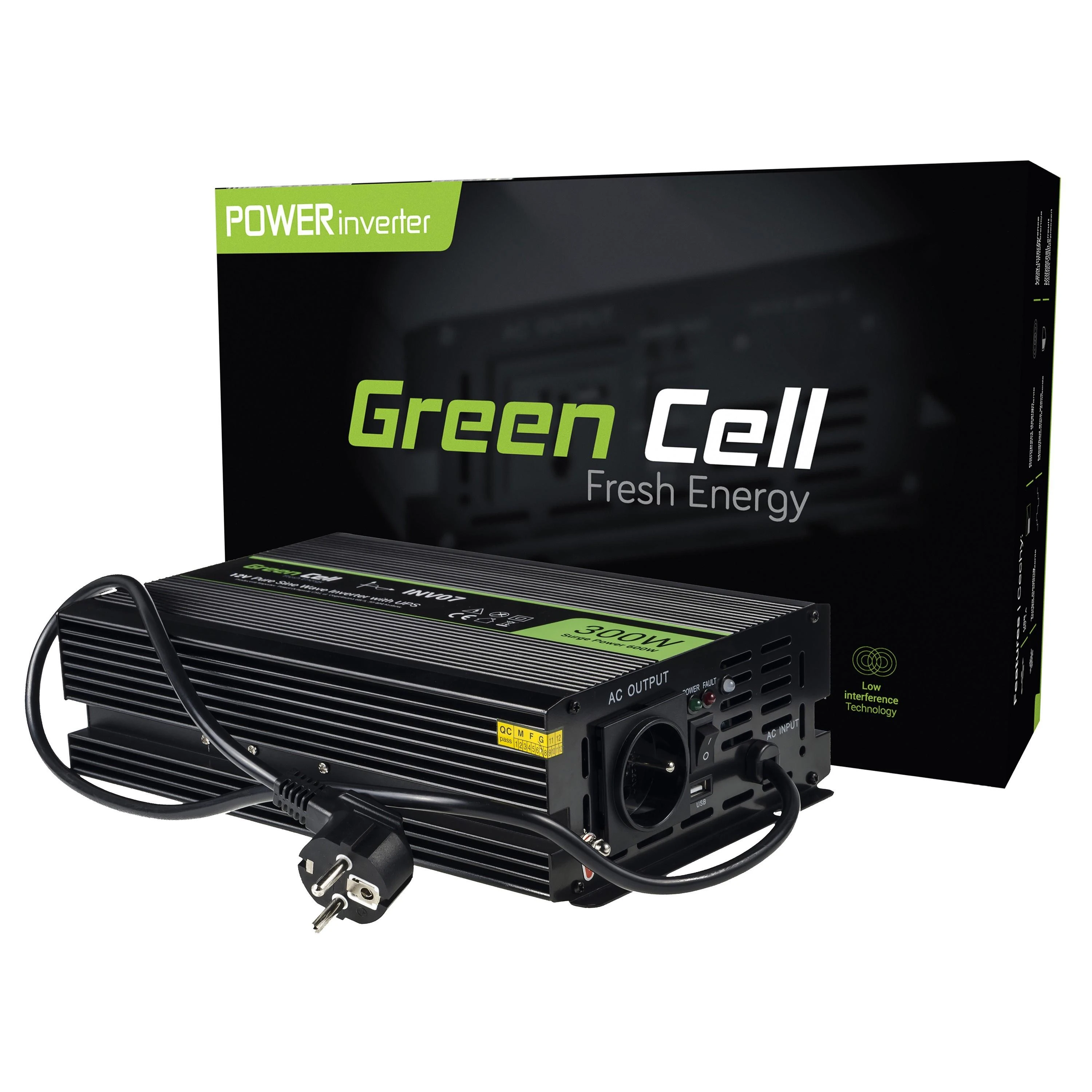 Green Cell Žalias Cell Inverteris 12V/230V 300W/600W sinusinė išėjimo įtampa Žalias Cell su UPS funkcija