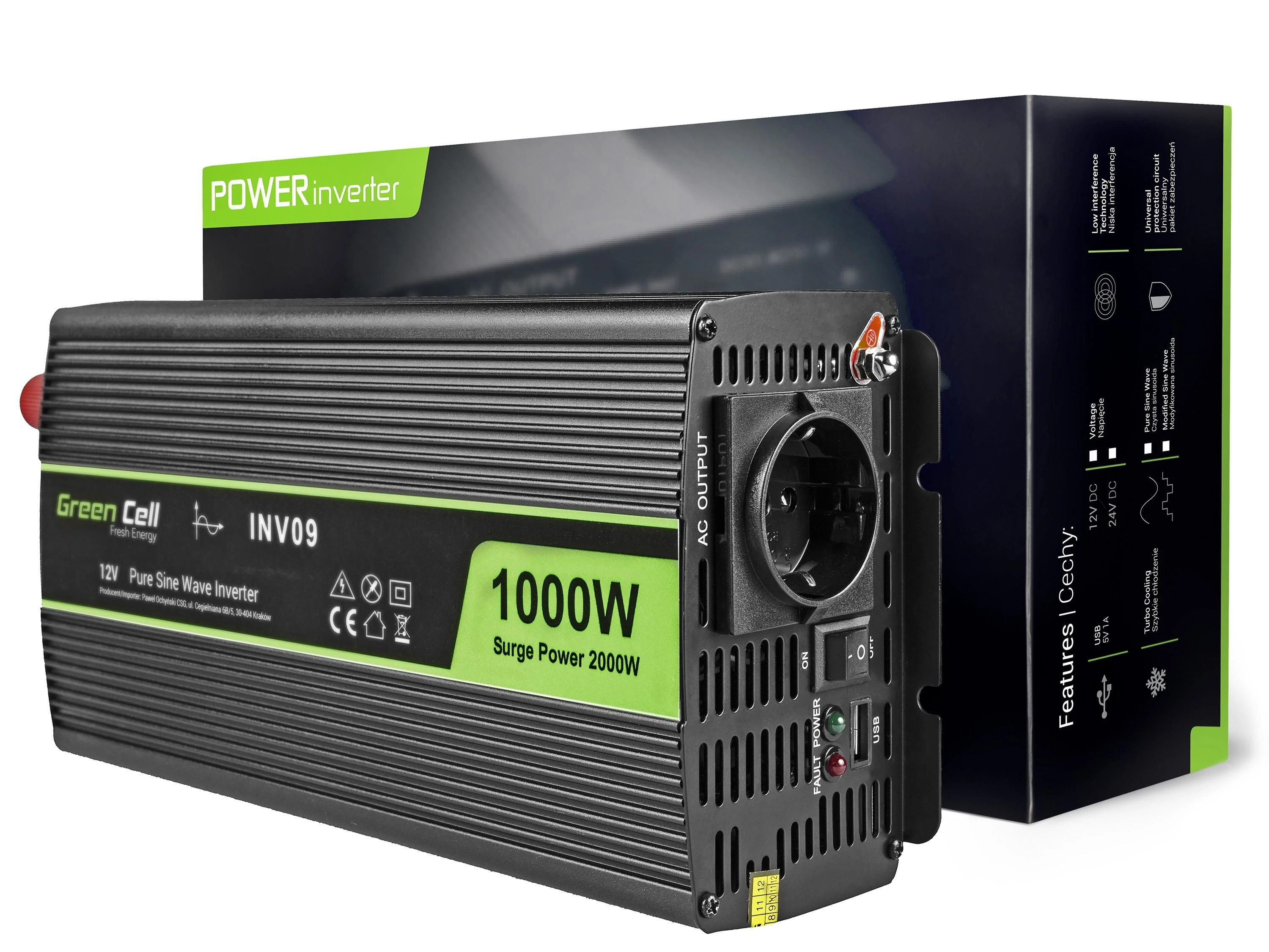 Green Cell Žalias Cell Inverteris 12V/230V 1000W/2000W Sinusinė išėjimo įtampa Žalias Cell