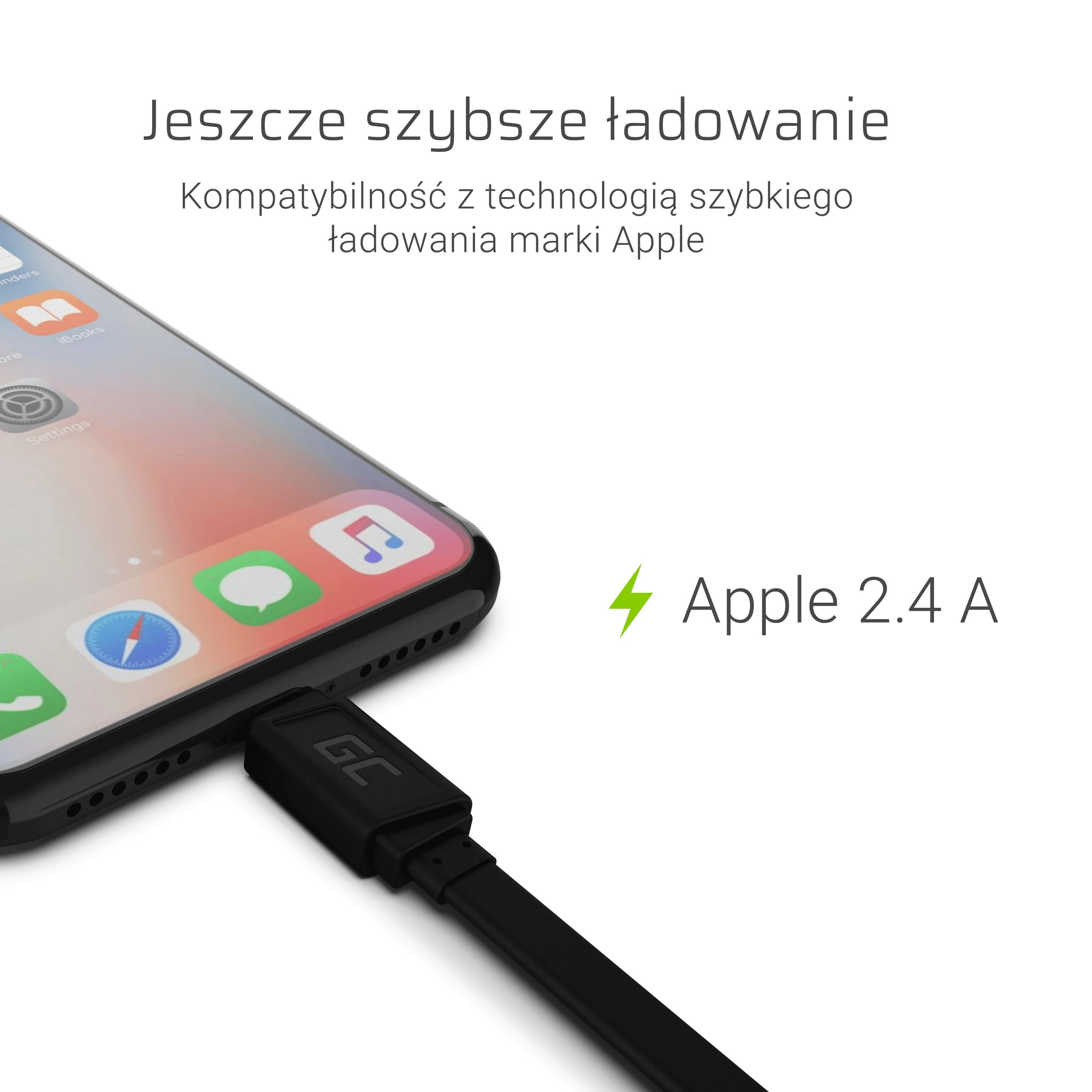 Žalias Cell GREENCELL KABGC02 GCmatte Lightning Plokščias kabelis 25 cm su greitu įkrovimu Apple 2.4A