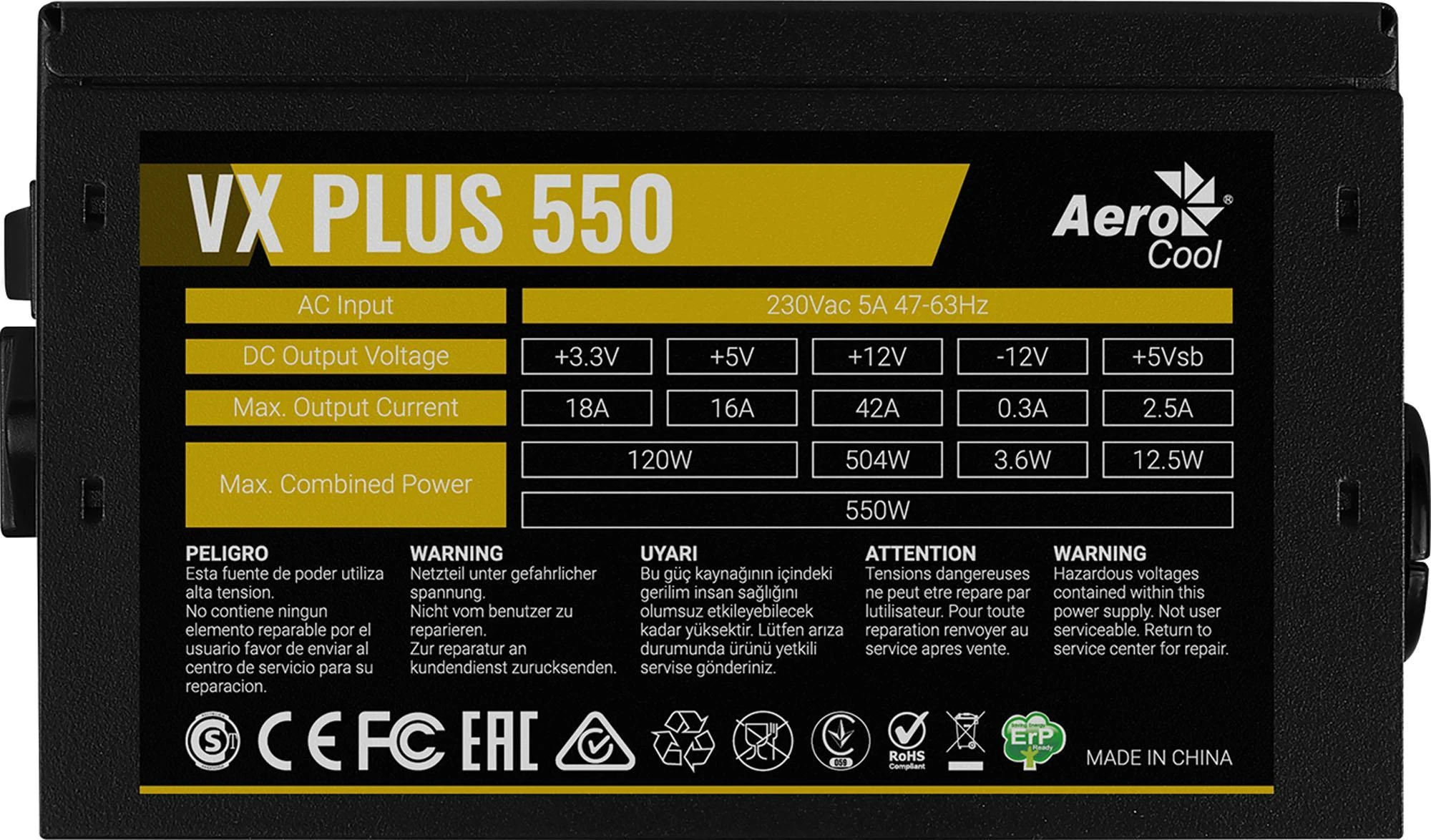 AEROCOOL AEROVX-550PLUS PSU AeroCool VX-550 PLUS 550W, tylus 120 mm ventiliatorius su išmaniuoju valdymu