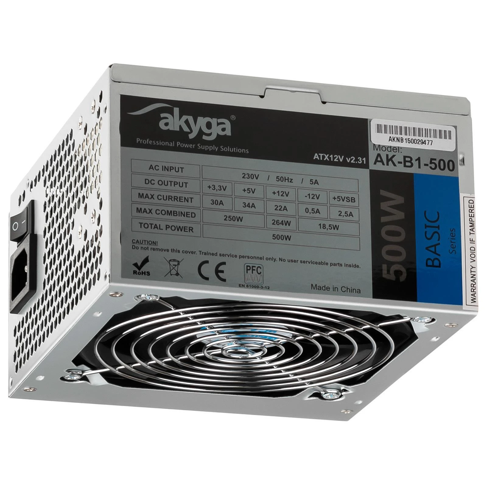 Maitinimas AKYGA AK-B1-500 Basic 500W, DC 3.3/5/±12V, 1x120, be maitinimo laido