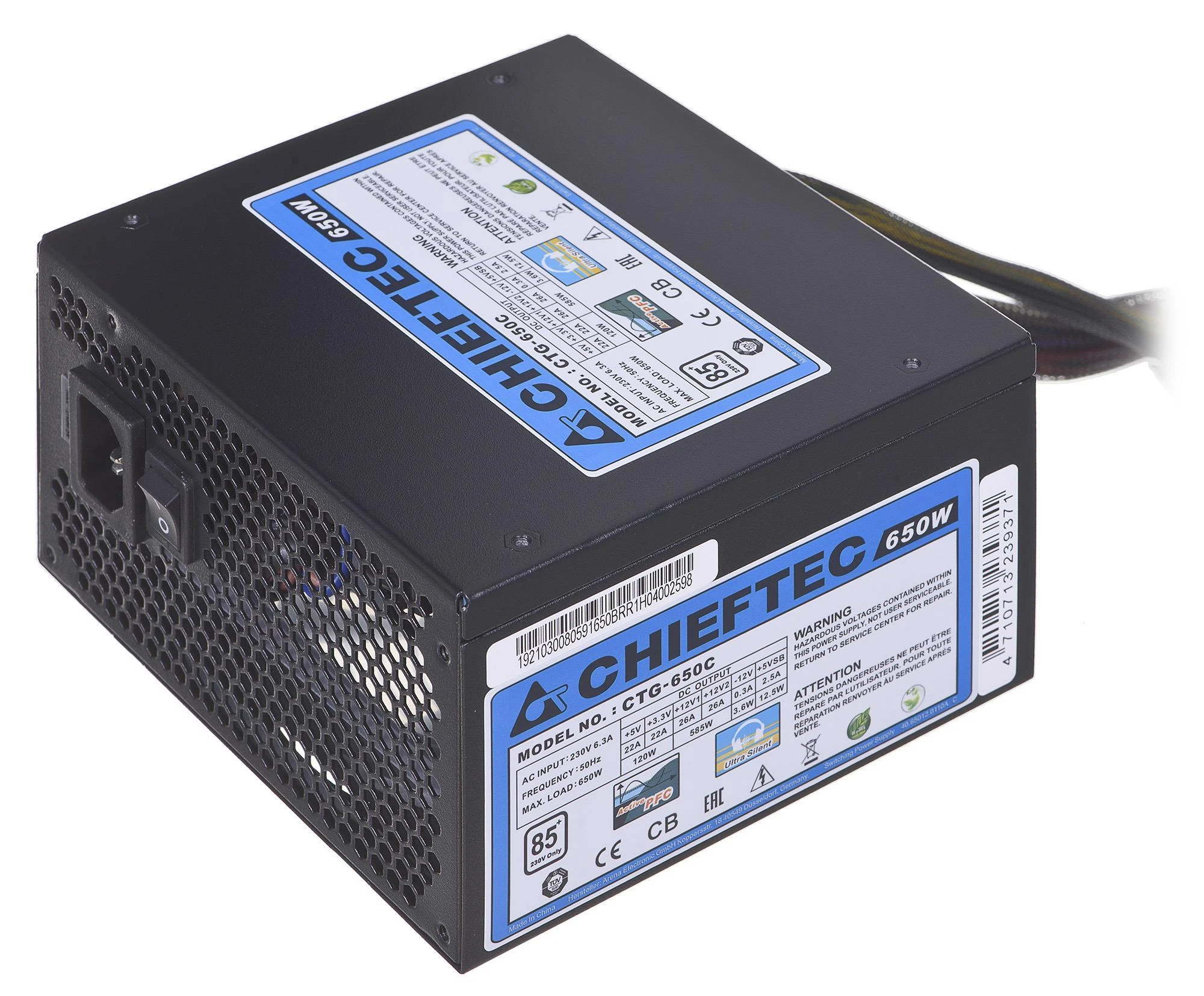 CHIEFTEC 650 W maitinimas, 85+, 230 V W / CABLE MNG