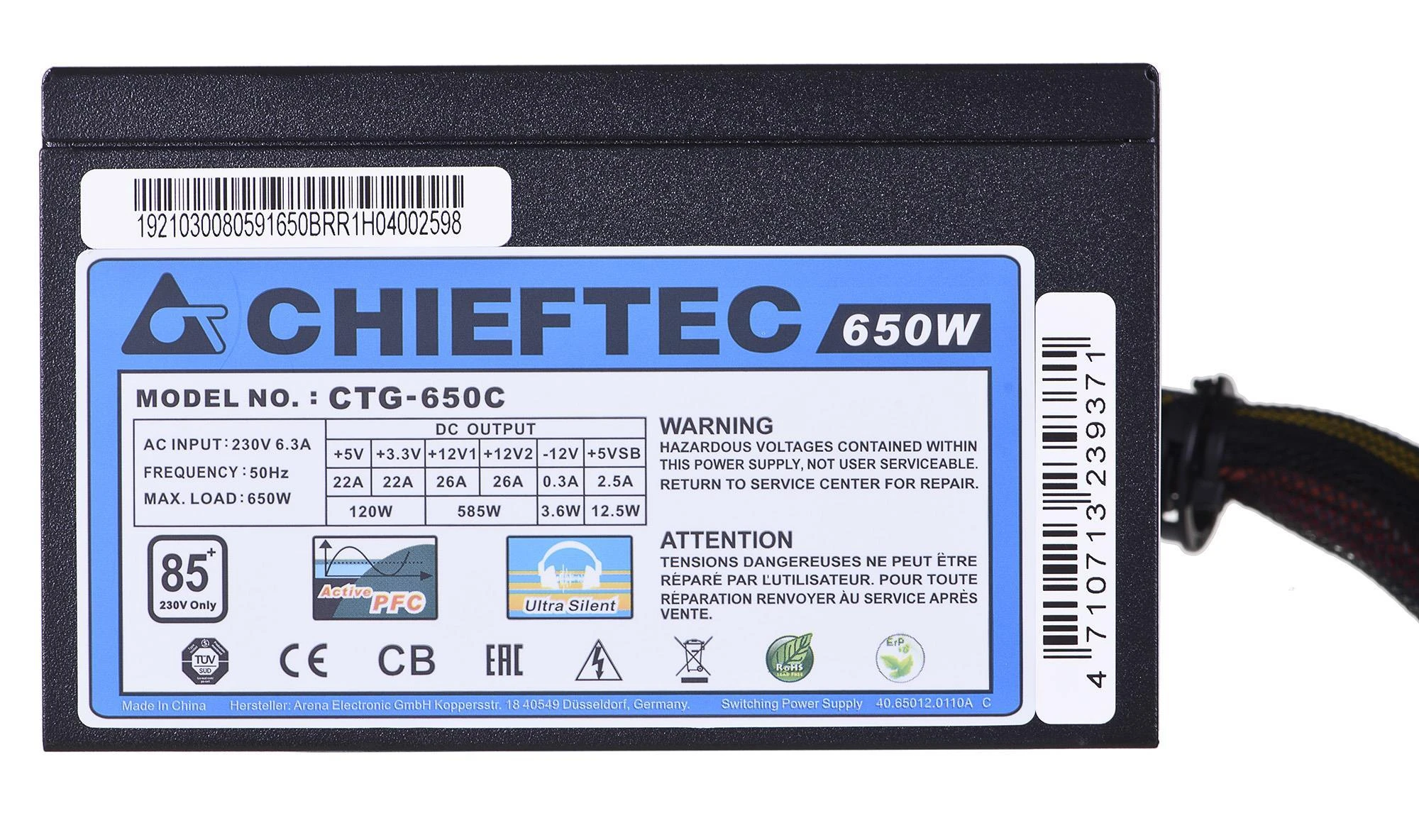 CHIEFTEC 650 W maitinimas, 85+, 230 V W / CABLE MNG