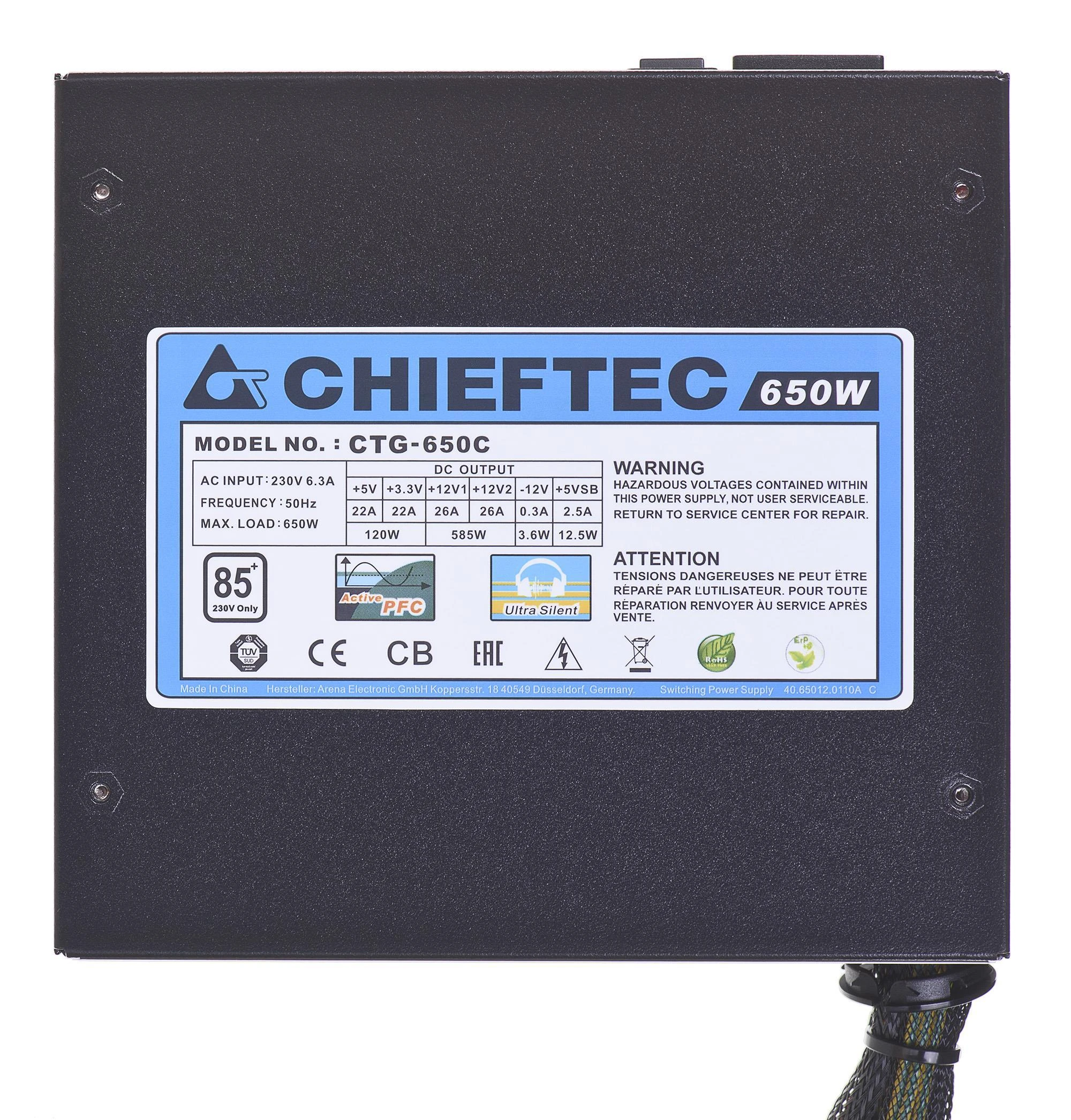 CHIEFTEC 650 W maitinimas, 85+, 230 V W / CABLE MNG
