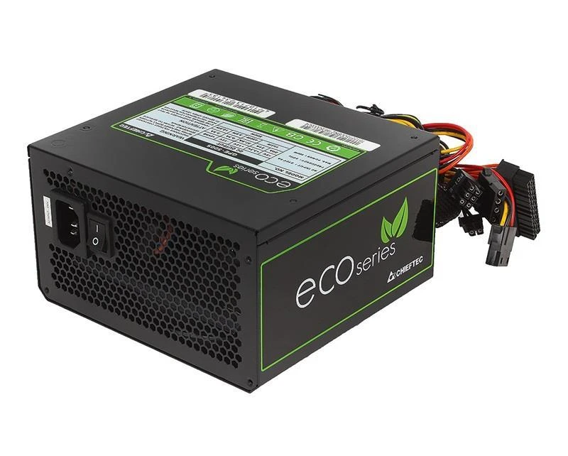 CHIEFTEC ECO serijos 500 W ATX-12V V.2.3 maitinimo šaltinis su 12 cm ventiliatoriumi Aktyvus PFC 230 V tik 85 proc. Efektyvumas, įskaitant maitinimo laidą