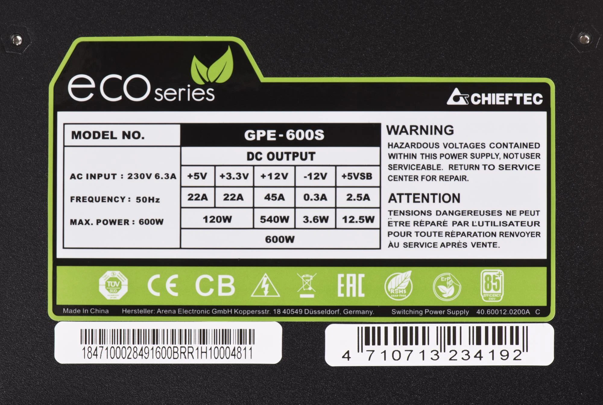 CHIEFTEC ECO serijos 600 W ATX-12V V.2.3 maitinimo šaltinis su 12 cm ventiliatoriumi Aktyvus PFC 230 V tik 85 proc. Efektyvumas, įskaitant maitinimo laidą