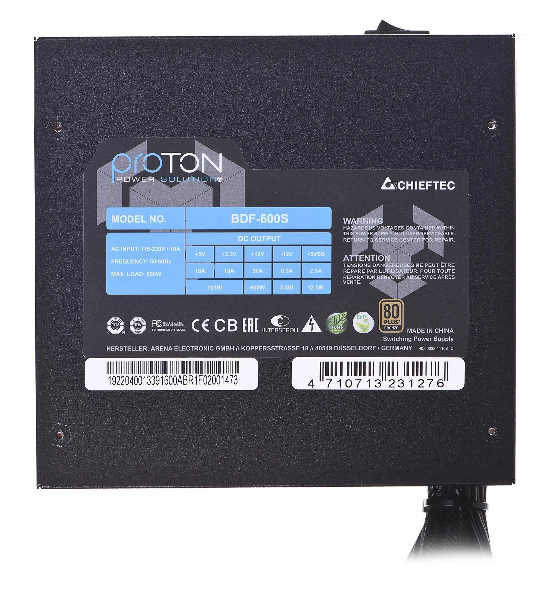 PSU Chieftec ATX PROTON serija, BDF-600S, 600W, 80 Plus bronza