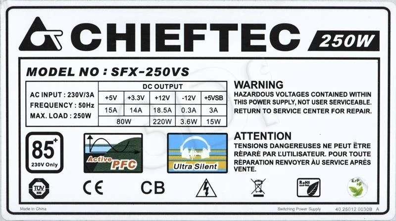 PSU Chieftec SFX SMART serija SFX-250VS, 250 W masinis, 8 cm ventiliatorius, aktyvus PFC