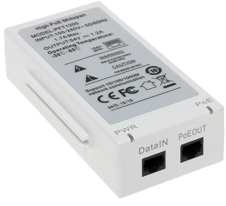 Dahua PFT1200 PoE injektorius su jungčių vaizdu