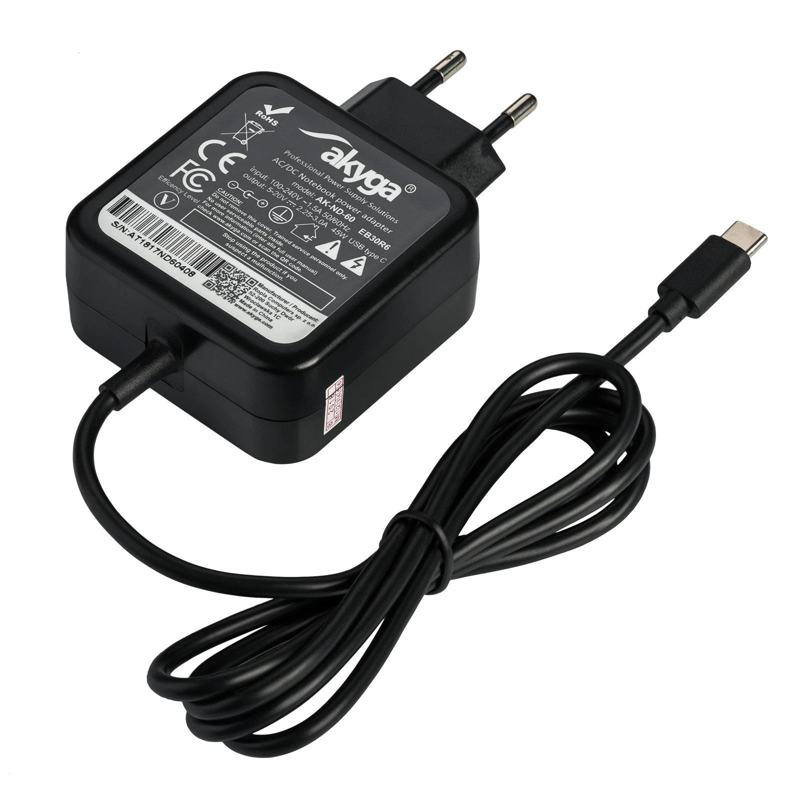 Nešiojamojo kompiuterio pakrovėjas Akyga AK-ND-60 (5-20V / 2.25-3A 45W) USB type C 1.2m Power Delivery