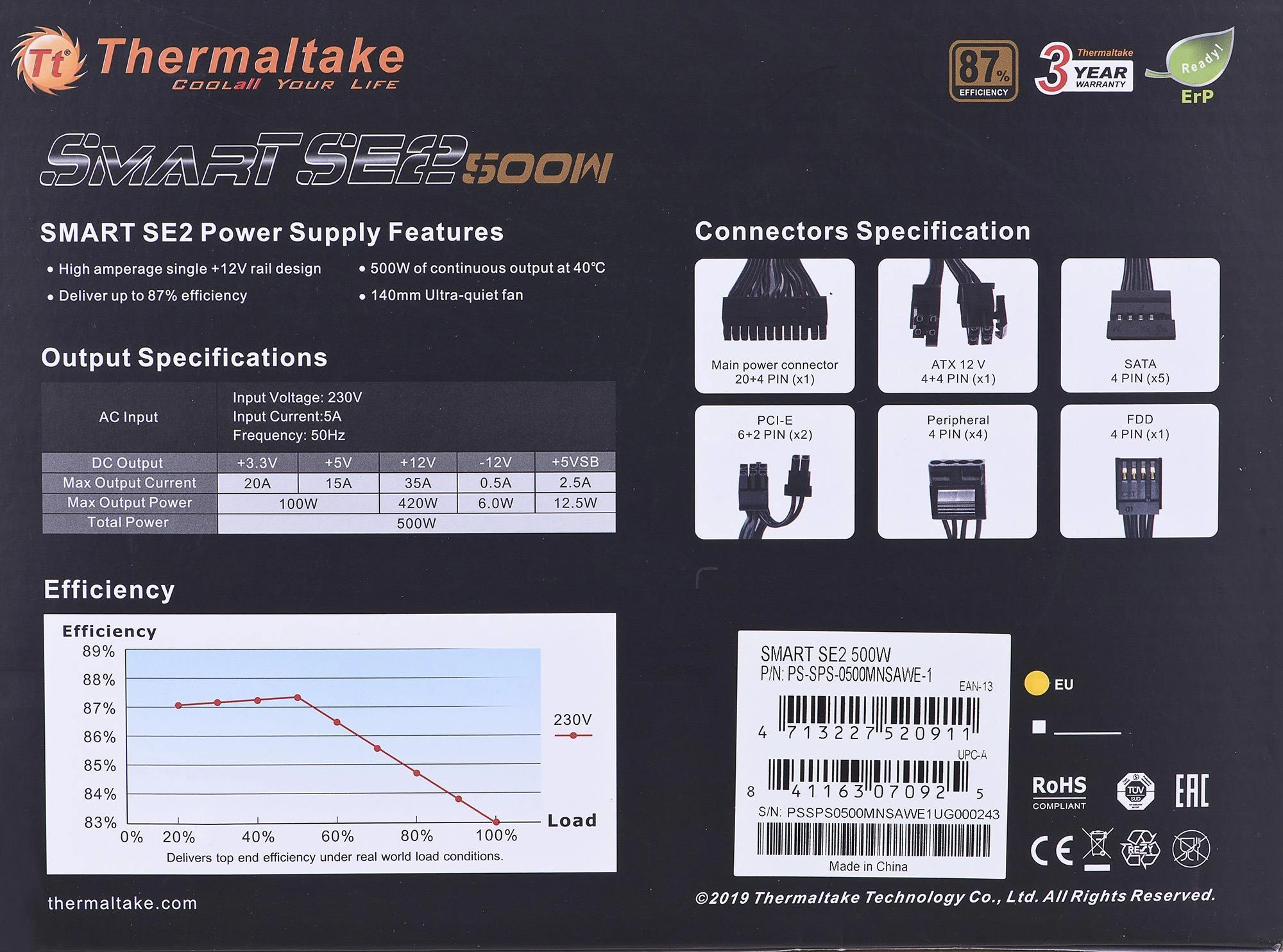 Maitinimo šaltinis Thermaltake Smart SE2 500W PS-SPS-0500MNSAWE-1 (500 W, aktyvus, 120 mm)