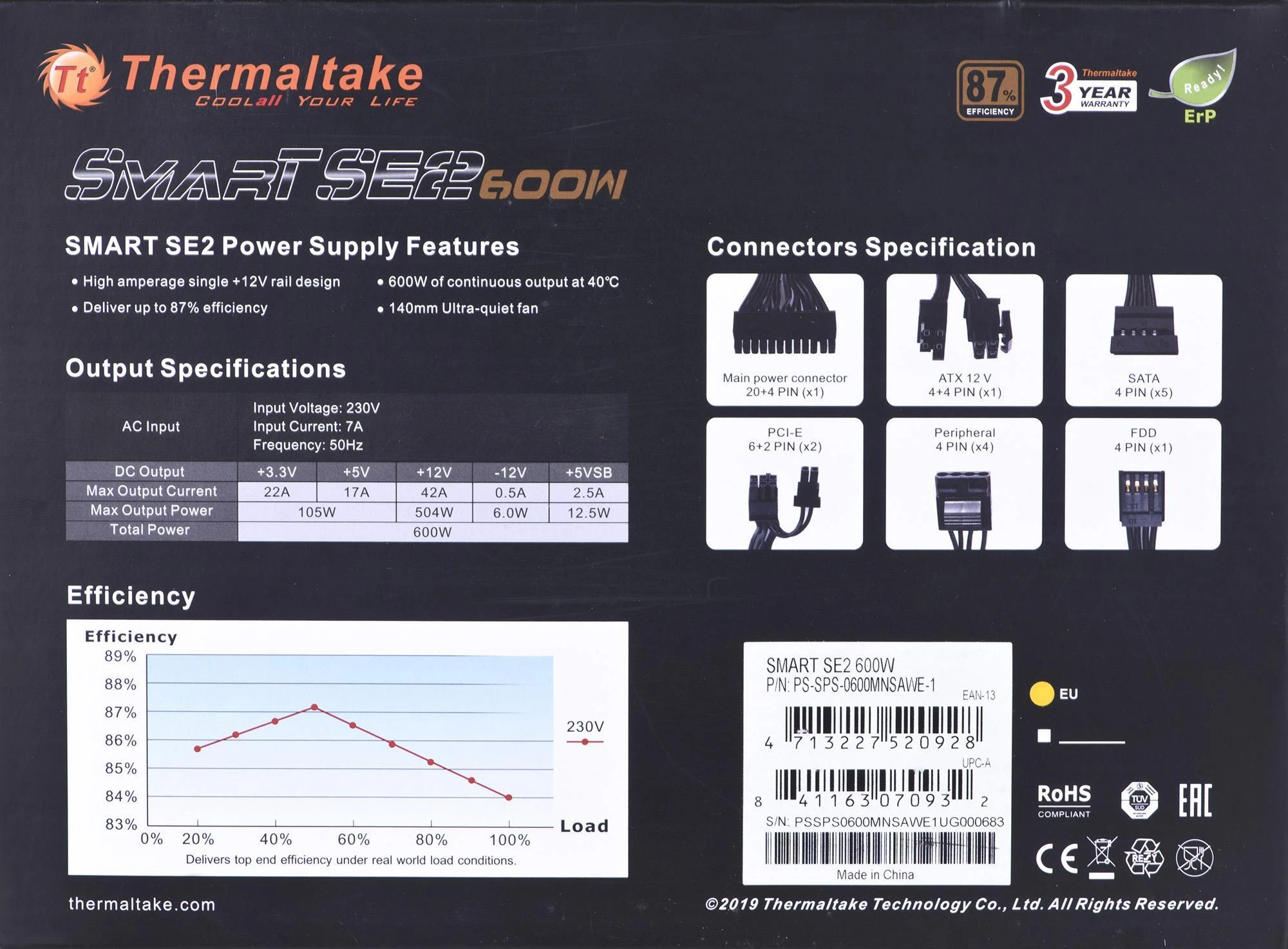 Maitinimo šaltinis Thermaltake Smart SE2 600W PS-SPS-0600MNSAWE-1 (600 W, aktyvus, 120 mm)
