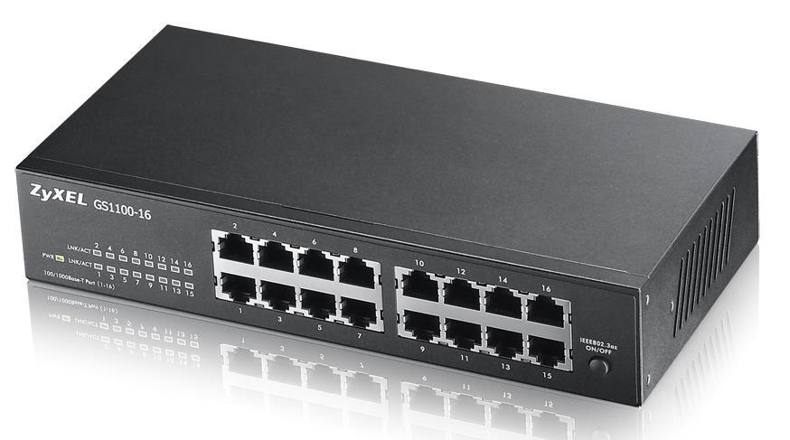Šakotuvas „Zyxel GS1100-16/16-port 10/100/1000Mbps Gigabit Ethernet“ komutatorius, be ventiliatoriaus, 802.3az (Žalias), darbalaukio