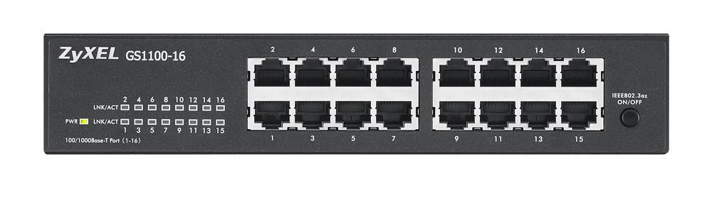 Šakotuvas „Zyxel GS1100-16/16-port 10/100/1000Mbps Gigabit Ethernet“ komutatorius, be ventiliatoriaus, 802.3az (Žalias), darbalaukio