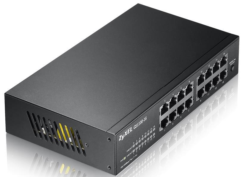 Šakotuvas „Zyxel GS1100-16/16-port 10/100/1000Mbps Gigabit Ethernet“ komutatorius, be ventiliatoriaus, 802.3az (Žalias), darbalaukio