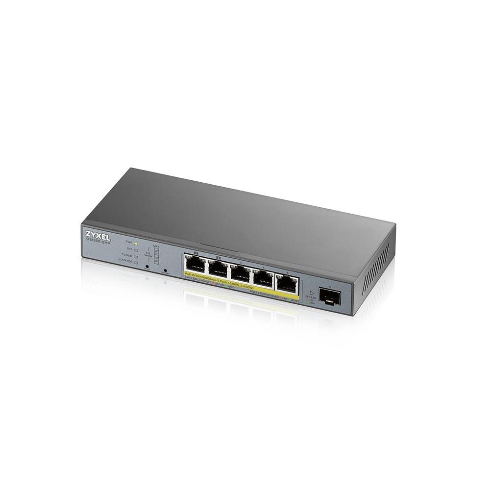 Šakotuvas ZYXEL GS1350-6HP, 6 prievadų valdomas CCTV POE komutatorius, didelio nuotolio, 60 W, 802.3BT (1 metų NCC PRO paketo licencija) (5 metų garantija)