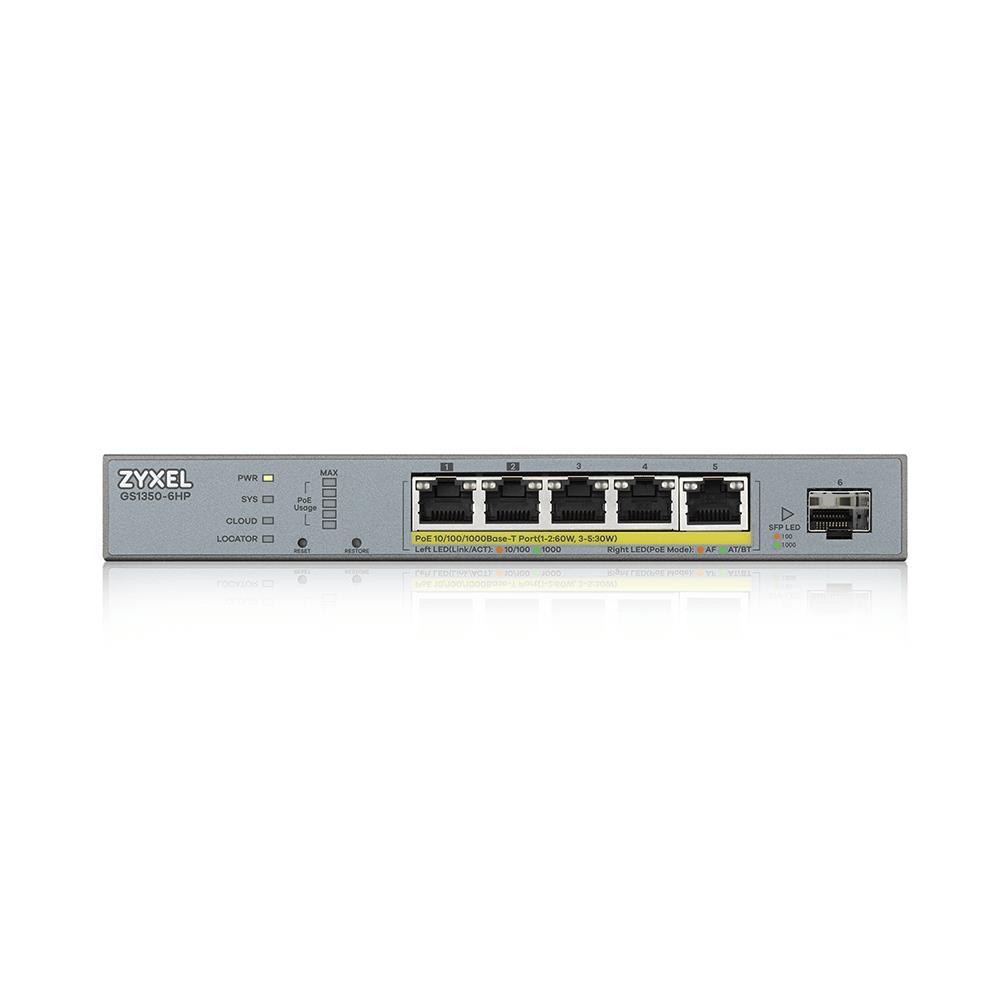 Šakotuvas ZYXEL GS1350-6HP, 6 prievadų valdomas CCTV POE komutatorius, didelio nuotolio, 60 W, 802.3BT (1 metų NCC PRO paketo licencija) (5 metų garantija)