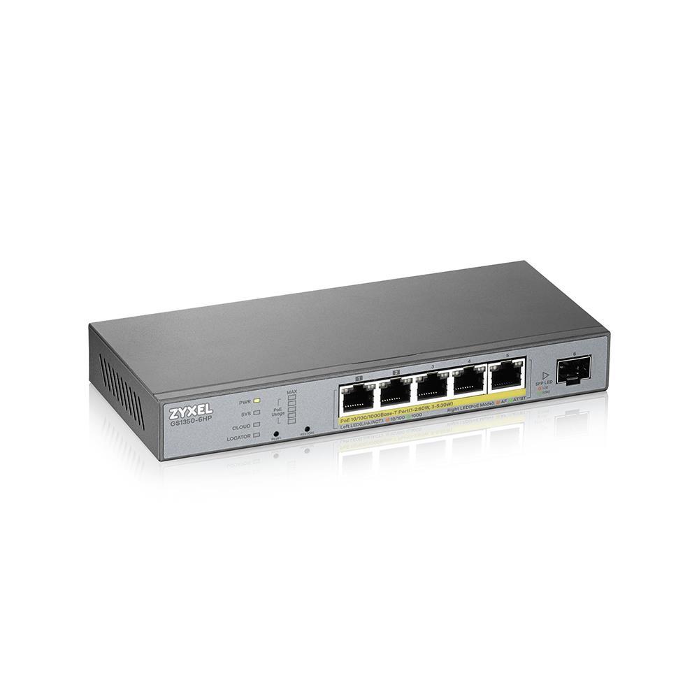 Šakotuvas ZYXEL GS1350-6HP, 6 prievadų valdomas CCTV POE komutatorius, didelio nuotolio, 60 W, 802.3BT (1 metų NCC PRO paketo licencija) (5 metų garantija)
