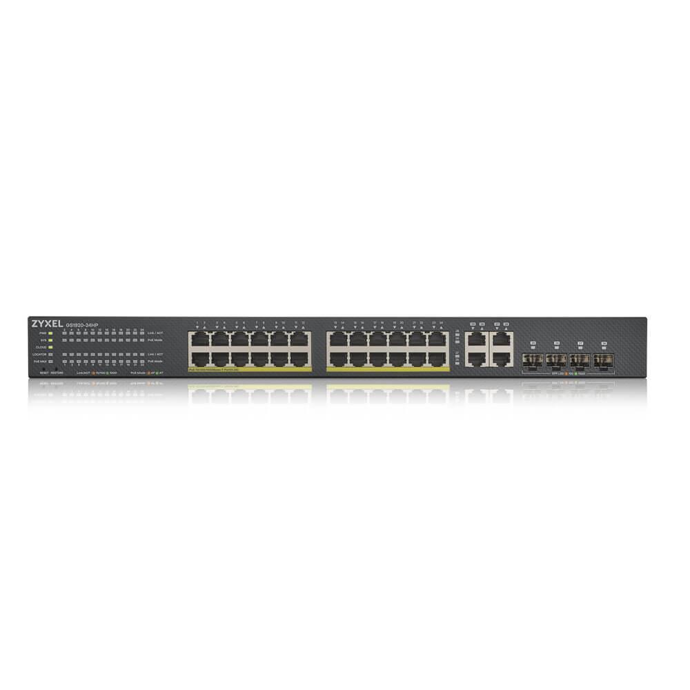 Šakotuvas ZYXEL GS1920-24HPV2, 28 prievadų išmanusis valdomas POE komutatorius, 24 gigabitų vario POE ir 4 gigabitų dviejų asmenų, hibridinis režimas, autonominis arba „Nebulaflex“ debesis, 375 vatų POE (5 metų garantija)