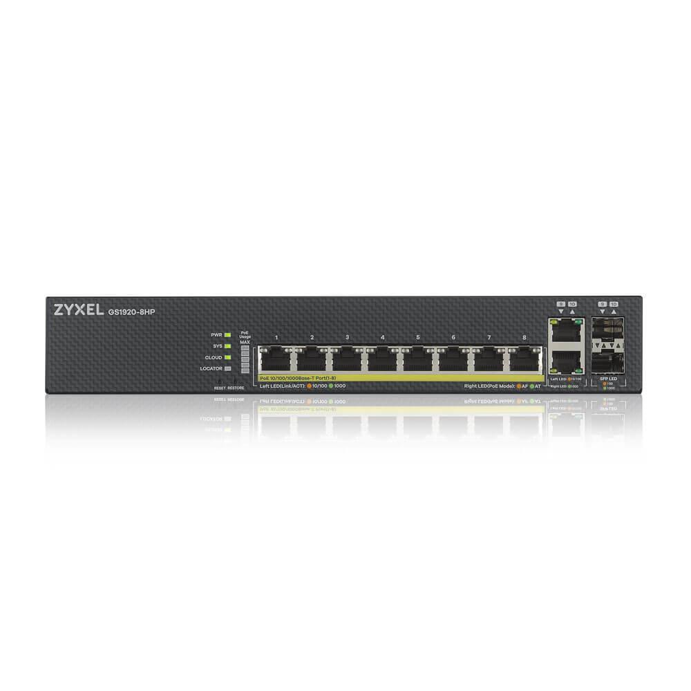 Šakotuvas ZYXEL GS1920-8HPV2, 10 prievadų išmanusis valdomas komutatorius, 8 gigabitų varinis ir 2 gigabitų dviejų asmenų, hibridinis režimas, autonominis arba „Nebulaflex“ debesis, 130 vatų POE, be ventiliatoriaus (5 metų garantija)