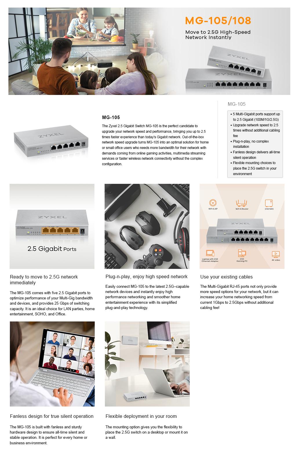 Šakotuvas TP-Link ZYXEL MG-105 5 PORTS DESKTOP 2,5G MULTIGIG UNMANAGED DESKTOP SWITCH