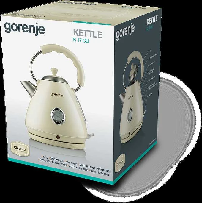 Virdulys Gorenje K17CLI Standard, Plastic/ metal, Kreminis, 2200 W, 360° rotational base, 1.7 L