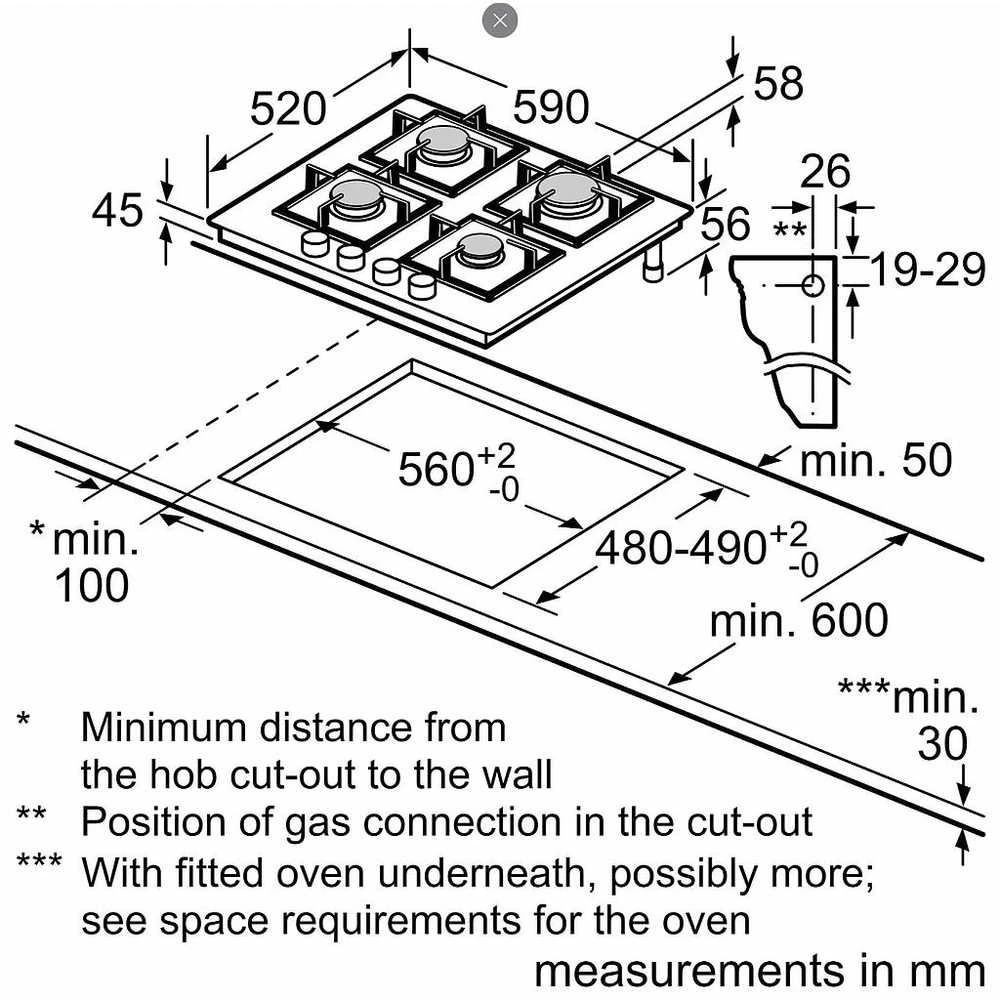 Bosch PPP6A6I10 Serija 6, Dujinė kaitlentė, Kietas stiklas, Juodas
