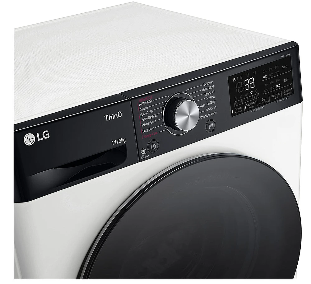 LG | Skalbimo mašina with Dryer | F4DR711S2H | Energy efficiency class A | Front loading | Skalbimo talpa 11 kg | 1400 RPM | Gylis 56.5 cm | Plotis 60 cm | Ekranas | LED | Drying system | Drying capacity 6kg | Steam function | Direct drive | Wi-Fi | Baltas