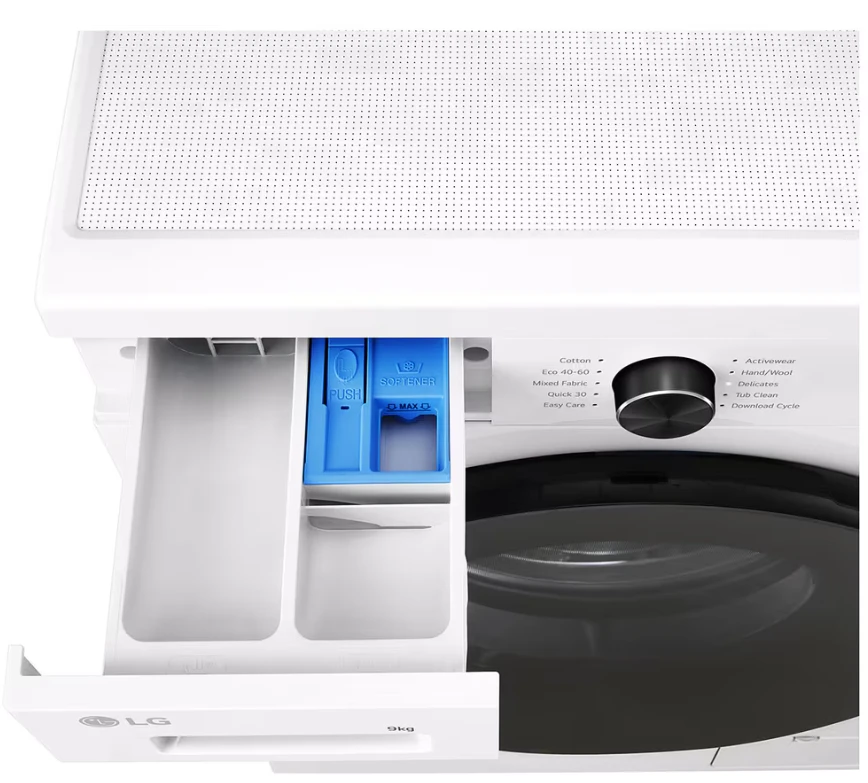 LG | Skalbimo mašina | F4X1009NWB | Energy efficiency class A | Front loading | Skalbimo talpa 9kg | 1400 RPM | Gylis 55 cm | Plotis 60 cm | Ekranas | LED | Steam function | Direct drive | Wi-Fi | Baltas