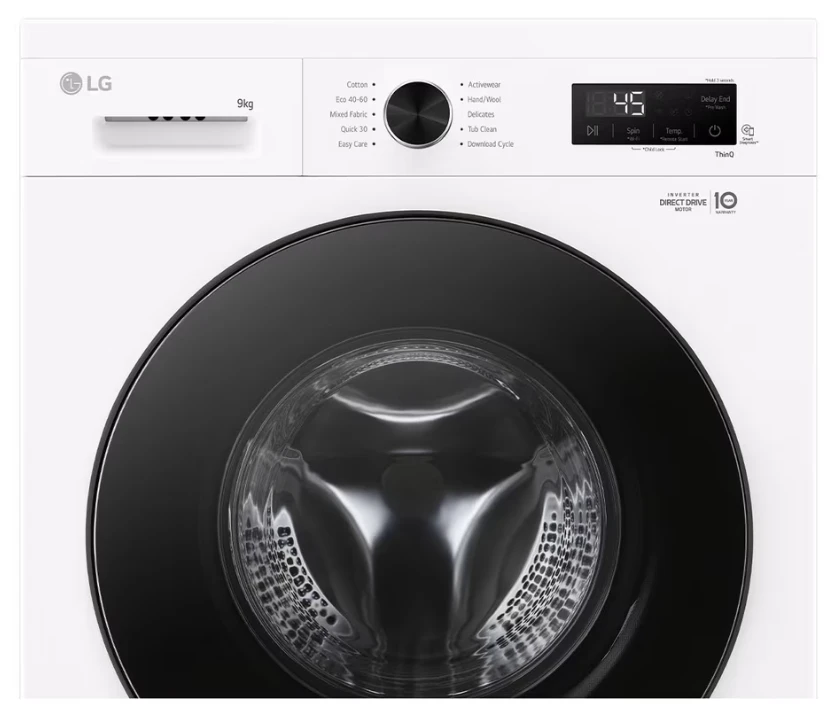 LG | Skalbimo mašina | F4X1009NWB | Energy efficiency class A | Front loading | Skalbimo talpa 9kg | 1400 RPM | Gylis 55 cm | Plotis 60 cm | Ekranas | LED | Steam function | Direct drive | Wi-Fi | Baltas