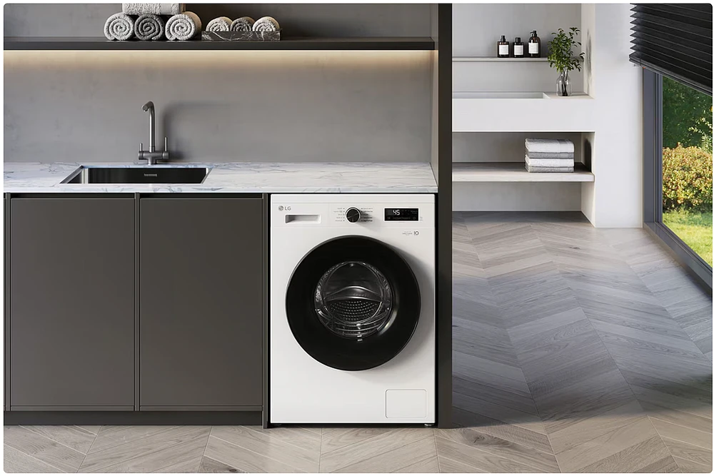 LG | Skalbimo mašina | F4X1009NWB | Energy efficiency class A | Front loading | Skalbimo talpa 9kg | 1400 RPM | Gylis 55 cm | Plotis 60 cm | Ekranas | LED | Steam function | Direct drive | Wi-Fi | Baltas