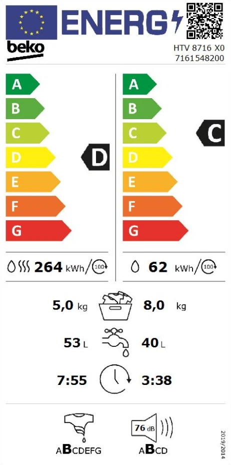 BEKO Skalbimo mašina - Džiovintuvas HTV 8716 X0 8kg - 5kg, 1400rpm, D energijos klasė (senas A), Gylis 59 cm, Inverterinis variklis, HomeWhiz