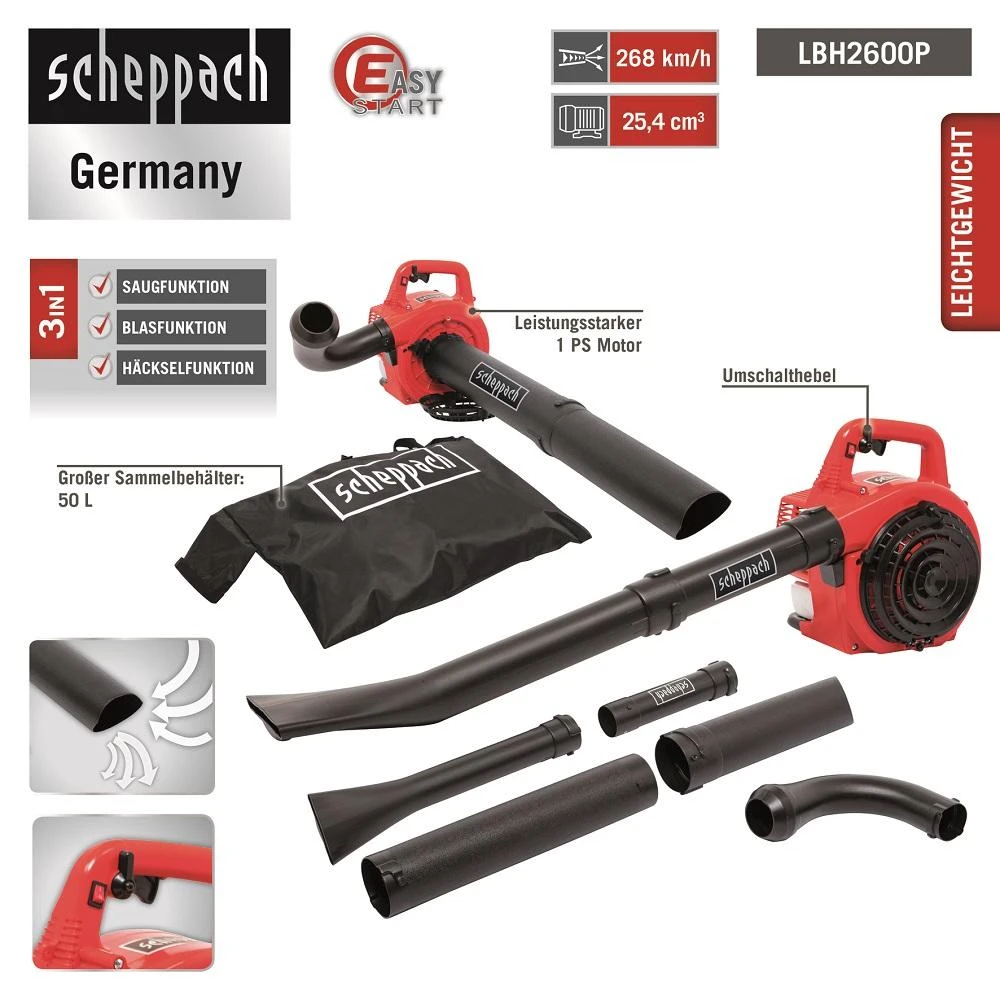 Benzininis lapų pūstuvas - siurblys - smulkintuvas (3-in-1) Scheppach LBH2600P (2021m modelis)
