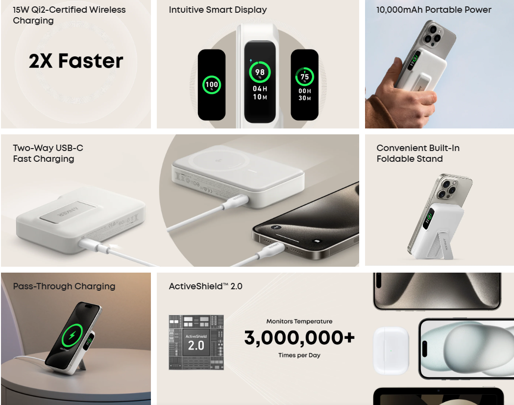 Išorinė Baterija - Anker MagGo 10000mAh 15W, Balta aprašymas - Prekės nuotrauka