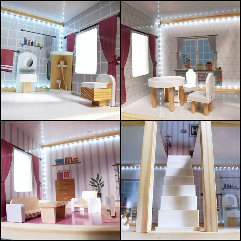 Ikonka MDF medinis lėlių namelis + baldai 78cm juodas LED