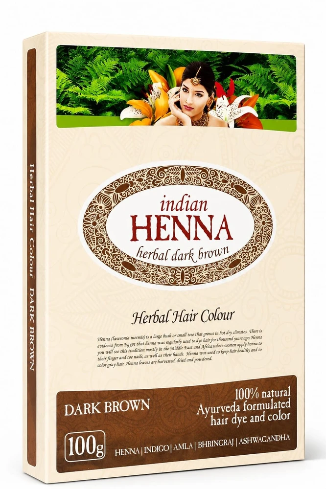 Pagaminta Indijoje pagal Elfam Herbalshop SIA, Latvija užsakymą Natūralūs tamsiai rudi plaukų dažai Dark Brown, Indian Henna, 100g
