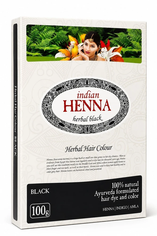 Pagaminta Indijoje pagal Elfam Herbalshop SIA, Latvija užsakymą Natūralūs juodi plaukų dažai Juodas, Indian Henna, 100g