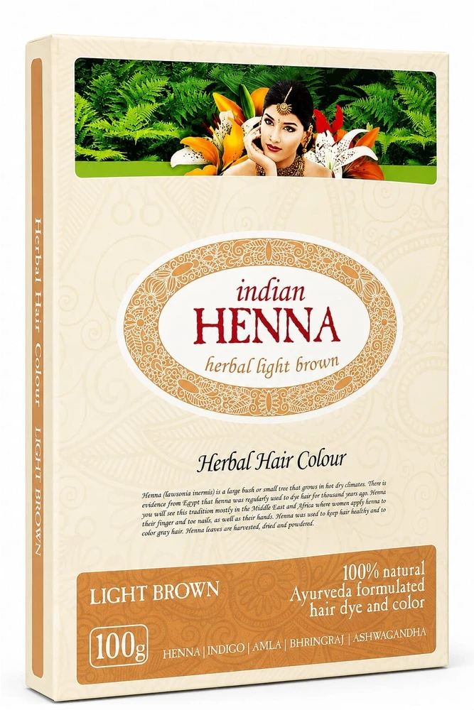 Pagaminta Indijoje pagal Elfam Herbalshop SIA, Latvija užsakymą Natūralūs šviesiai rudi plaukų dažai šviesiai rudas, Indian Henna, 100g