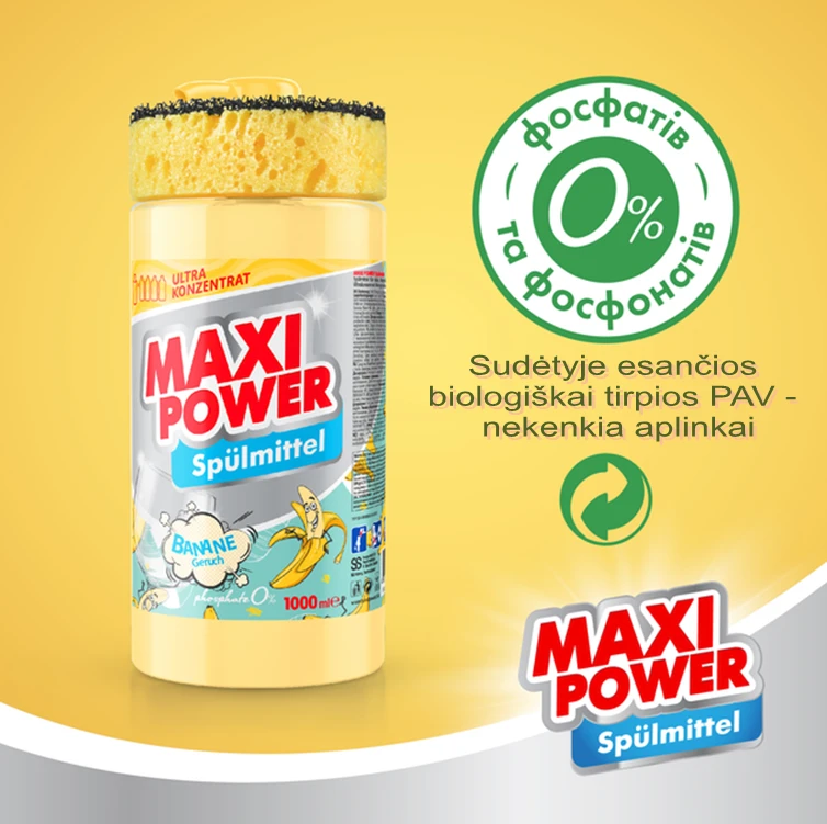 Pagaminta Ukrainoje Koncentruotas indų ploviklis - bananų kvapo gelis "MAXI POWER" su dozatoriumi ir kempine indams plauti, 1000ml
