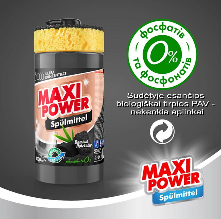 Pagaminta Ukrainoje Koncentruotas indų ploviklis - Juodas COAL gelis "MAXI POWER" su dozatoriumi ir kempine indams plauti, 1000ml