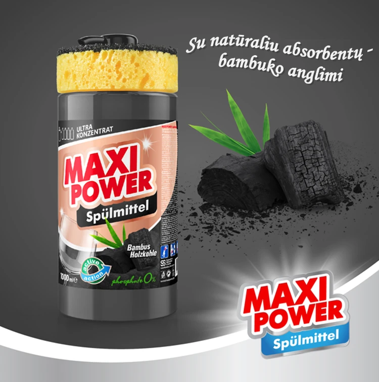 Pagaminta Ukrainoje Koncentruotas indų ploviklis - Juodas COAL gelis "MAXI POWER" su dozatoriumi ir kempine indams plauti, 1000ml