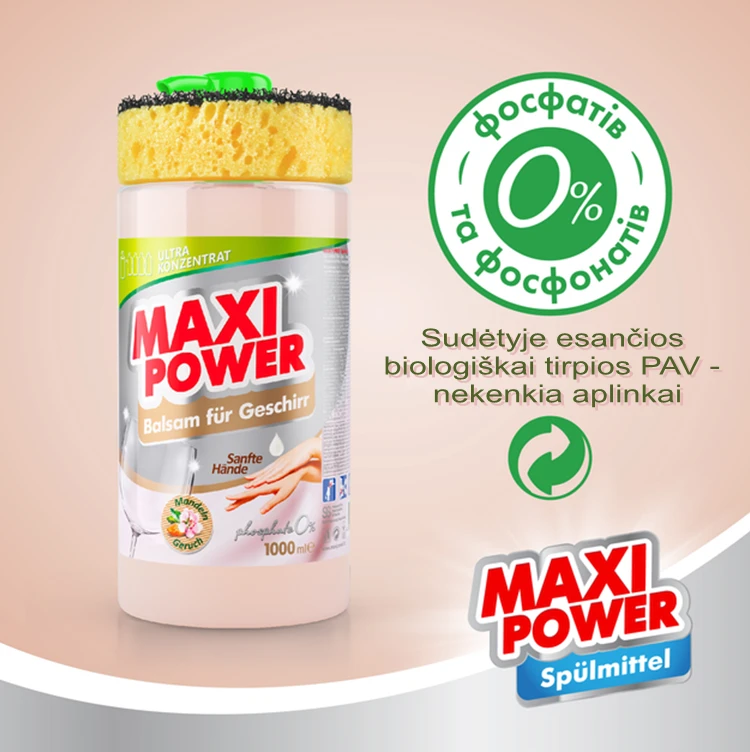 Pagaminta Ukrainoje Koncentruotas indų ploviklis - migdolų kvapo gelis "MAXI POWER" su dozatoriumi ir kempine indams plauti, 1000ml