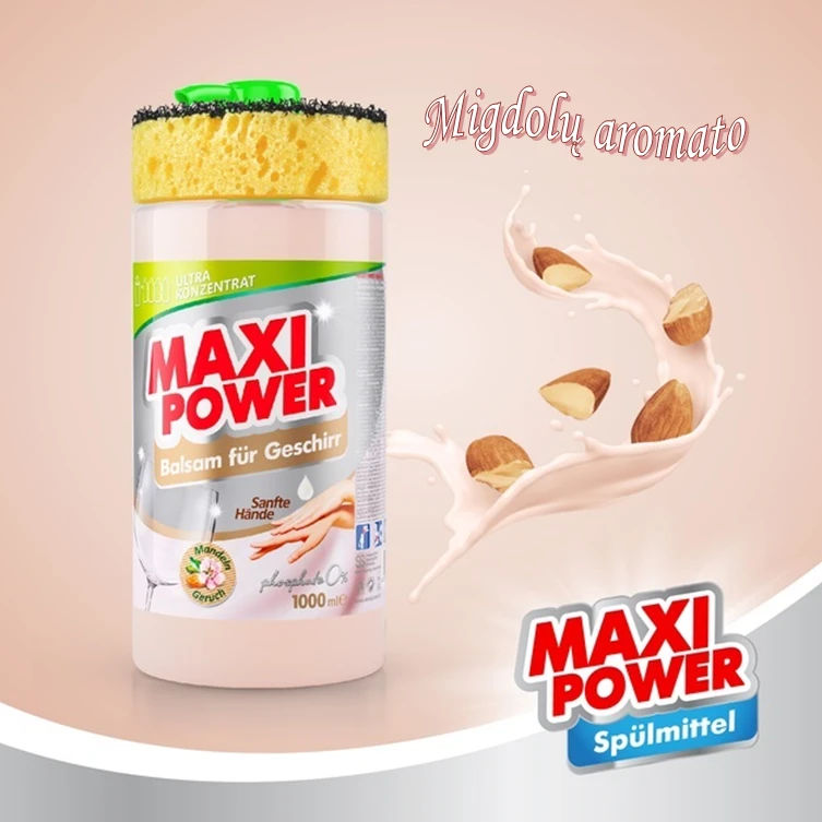 Pagaminta Ukrainoje Koncentruotas indų ploviklis - migdolų kvapo gelis "MAXI POWER" su dozatoriumi ir kempine indams plauti, 1000ml