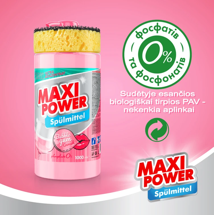 Pagaminta Ukrainoje Koncentruotas indų ploviklis - Bubble Gum kvapo gelis "MAXI POWER" su dozatoriumi ir kempine indams plauti, 1000ml